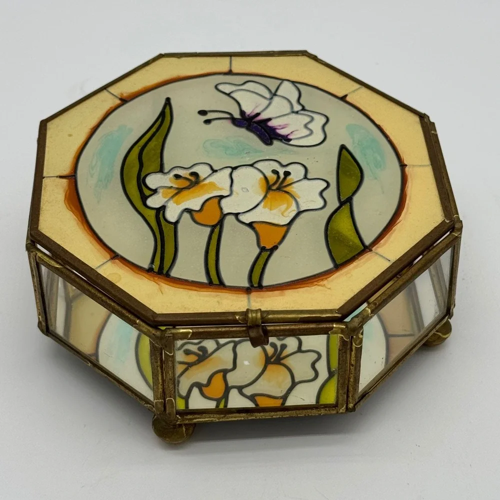 Vintage Brass Octagon Stained Glass Jewelry Box Butterfly Lily Footed 5x2